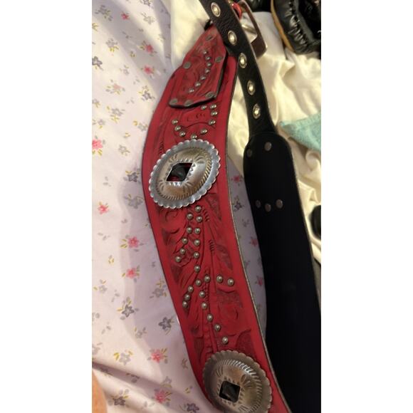 Juan Antonio Red Tooled Leather Western Belt Studded Silver Concho Wide Kidney S